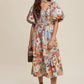 Vintage Flower Print Puff-Sleeve Midi Dress