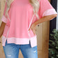 Peach Blossom Half Sleeve Raw Seam High Low Side Split Top